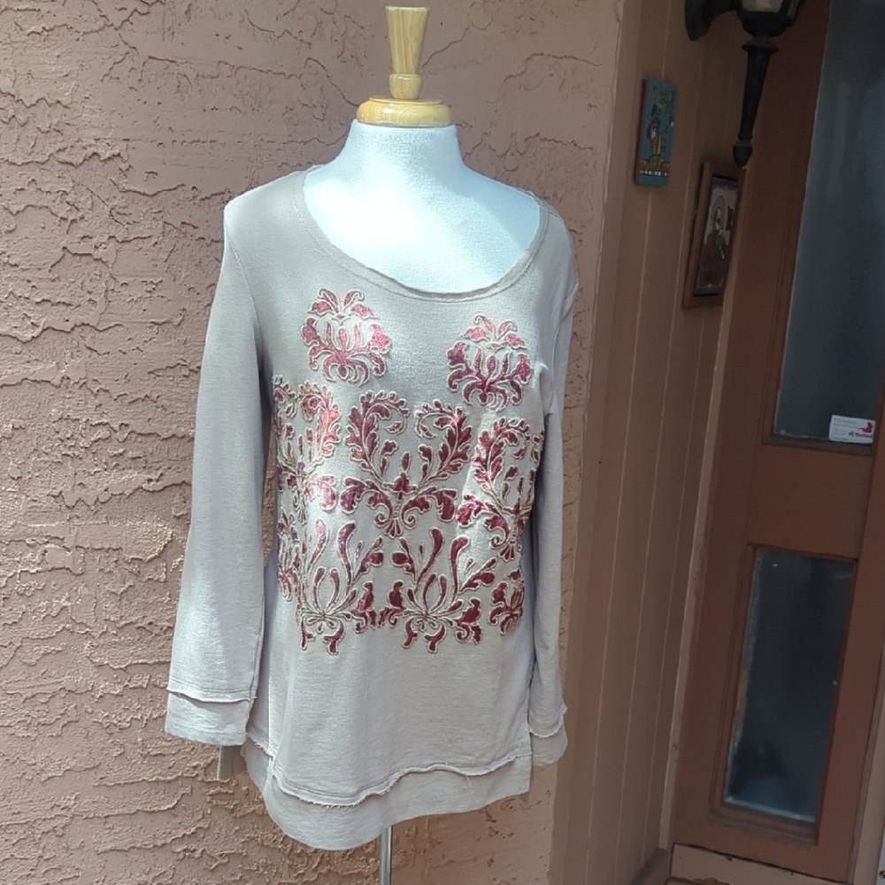 Chico's Beige Sweatshirt with Pink Embroidered Front - Picture 1 of 4